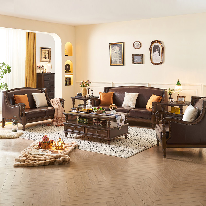美式乡村复古实木真皮沙发头层牛皮123组合简美客厅别墅三人位