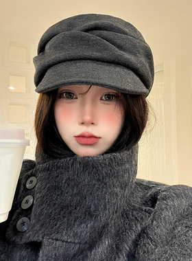 高品质日系山本风黑色褶皱贝雷帽子女秋冬季百搭显脸小复古马术帽