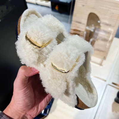 瑞典代购秋冬双排扣勃肯鞋bk毛毛拖鞋外穿软木底懒人保暖加绒拖鞋