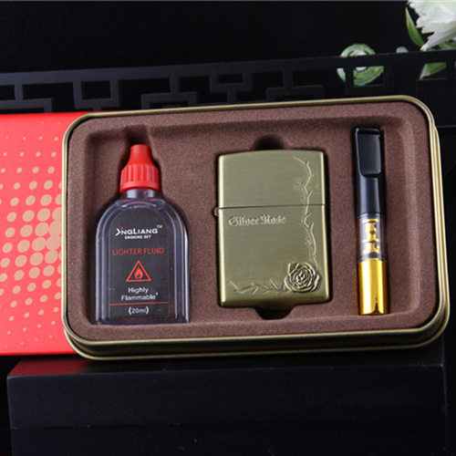 创意青铜玫瑰花金属煤油打火机金色铁盒三件套可广告