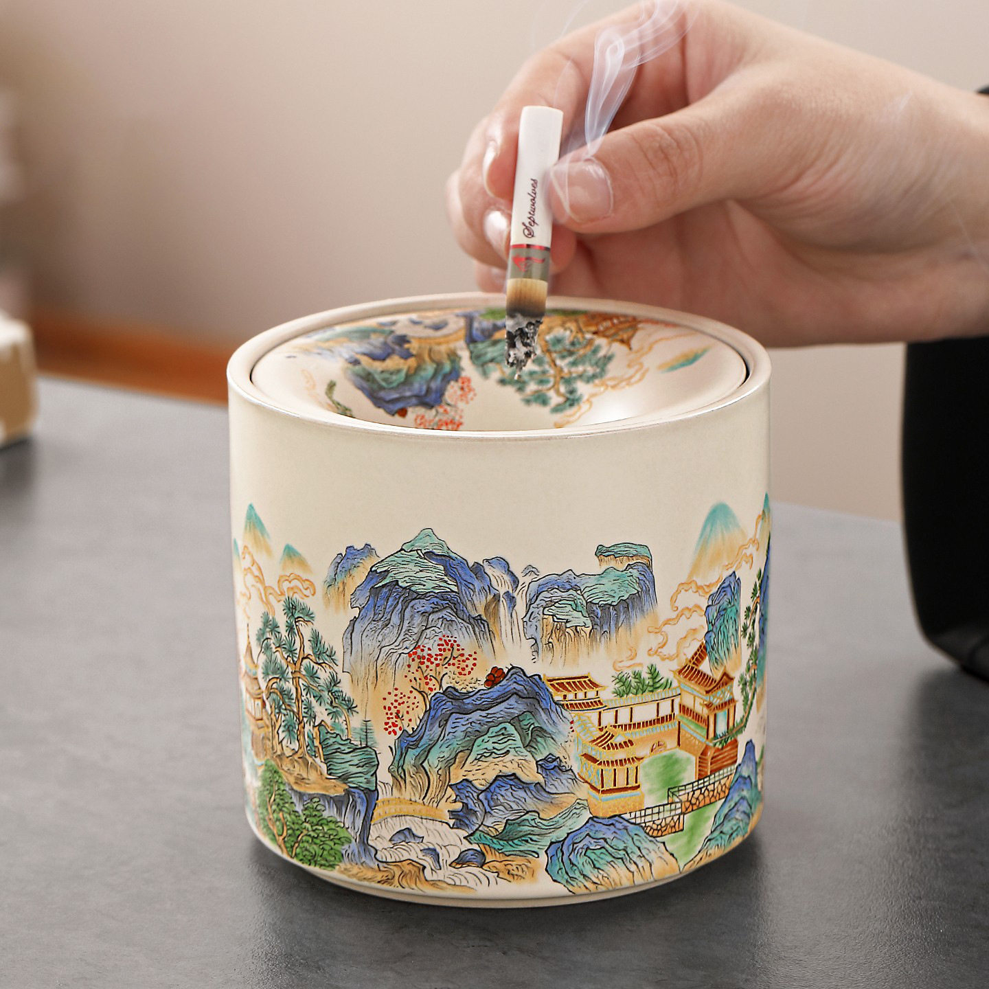 国潮汝窑漏斗式烟灰缸带盖防飞灰家用客厅陶瓷茶渣水盂茶具配件