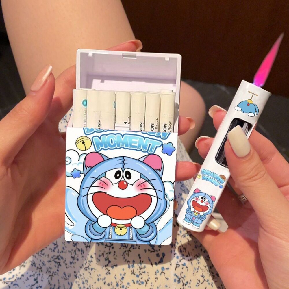 卡通可爱多啦a梦烟盒圆柱打火机组合高颜值粉火防风抗压送男友潮