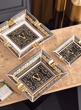 范家系列陶瓷烟灰缸摆件家居黑色大金办公室饰品收纳盘宫廷