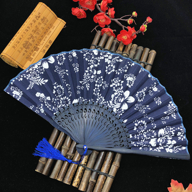 复古棉布扎染印花布面中国风折扇女工艺扇日用扇子古典精品和风
