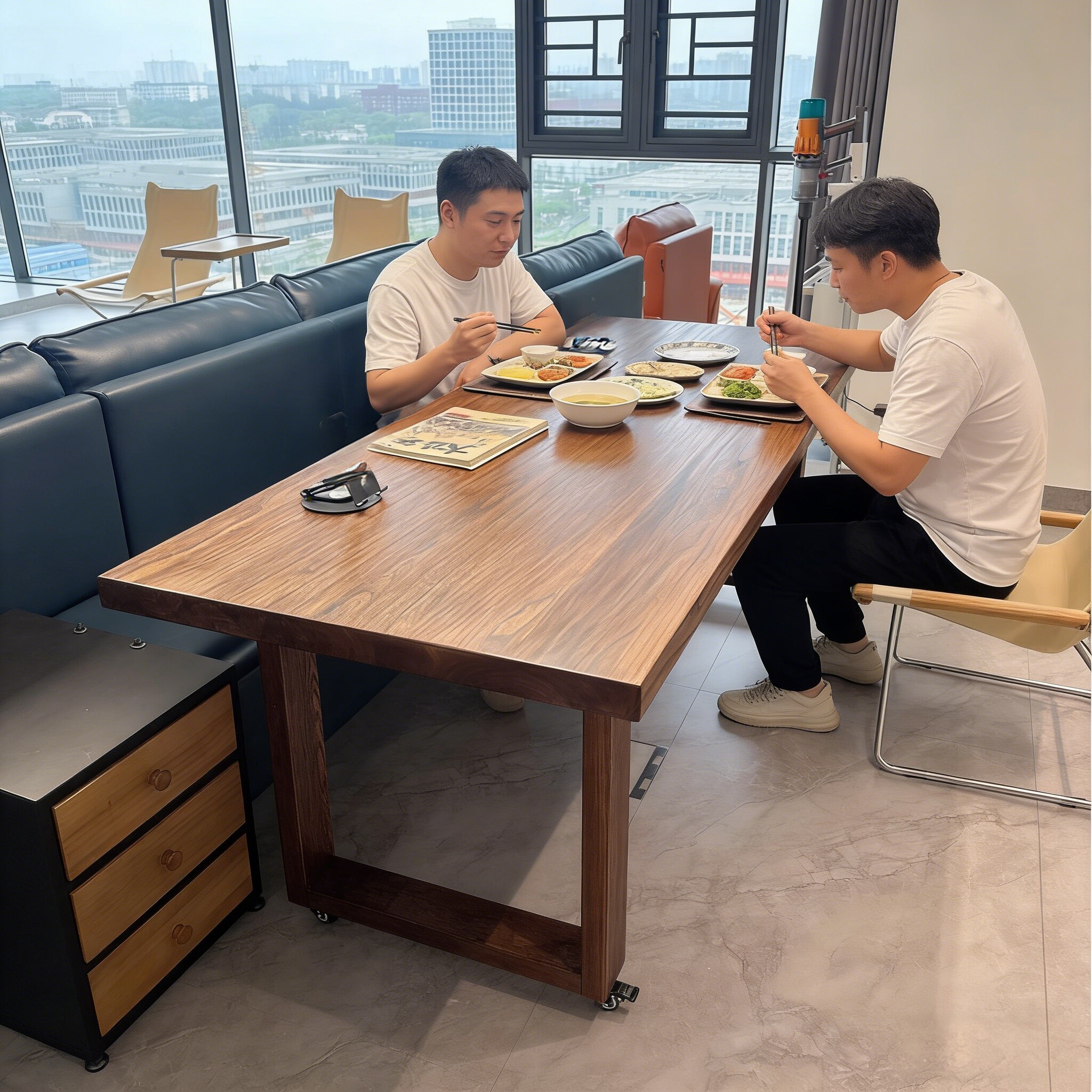 可移动带滑轮大板桌沙发后长条桌榆木餐桌阅读学习书桌实木饭桌