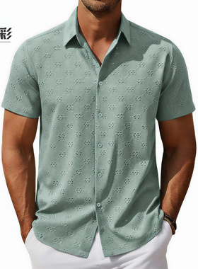 men's shirts男装 欧美性感镂空提花衬衫休闲短袖翻领衬衣a0401