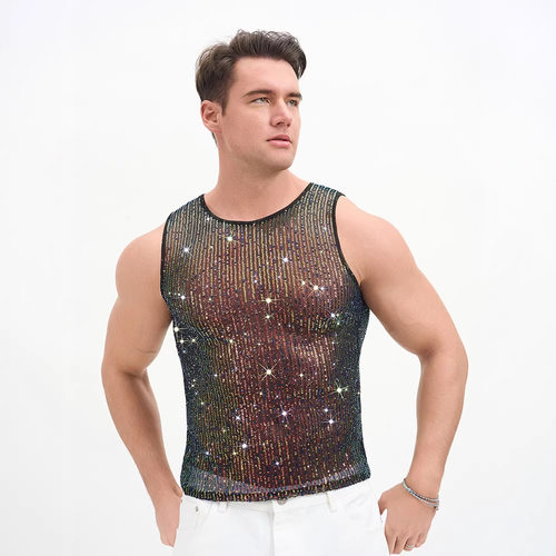 Mens Vest Sparkly Sleeveless Shirt Sheer Sexy Tank Top Party