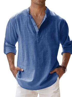 men lightweight shirts long sleeve henley cotton linen