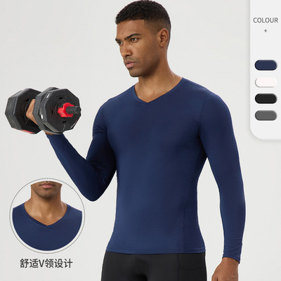 men compression tshirt man crossfit gym long sleeve男V领健身