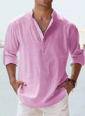 streetwear men shirts long sleeve henley cotton linen