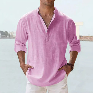 streetwear men shirts long sleeve henley cotton linen