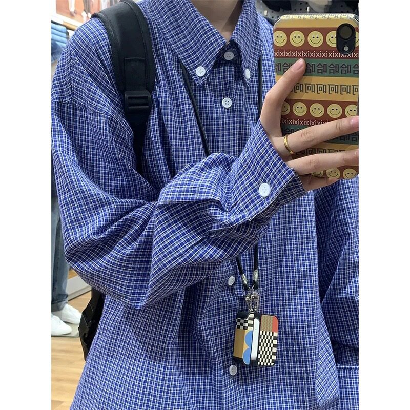 fashion men tshirt man shirt tee tops shirts美式复古蓝色格子