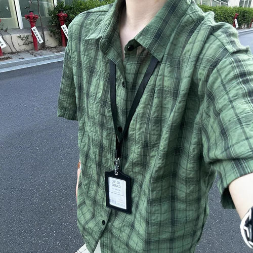 men tops american trendy man shirts tee tshirt绿色格子冰丝