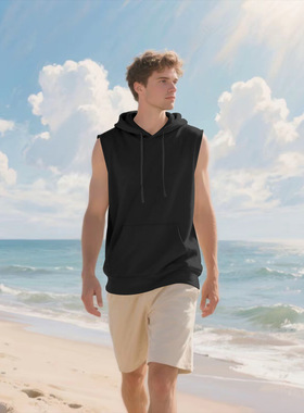 men vest hooded tank新品欧美连帽背心男士口袋装饰无袖健身运动