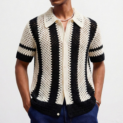 men polo shirt tops man tee欧美男装夏男式镂空针织开衫黑白