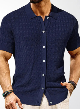 men's t-shirt欧美休闲男装 时尚挑孔设计针织衫 短袖开衫polo衫