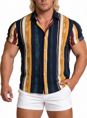 2026威夷男士条纹衬衫欧美衬衣条纹印花短袖衬衫男shirts Men Top