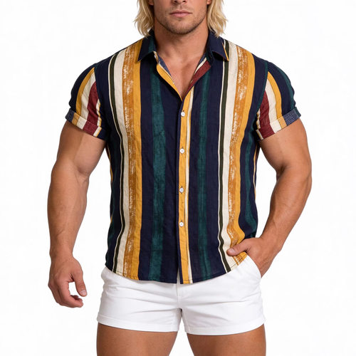 2026威夷男士条纹衬衫欧美衬衣条纹印花短袖衬衫男shirts Men Top