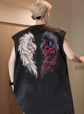 men tank top vest小众设计感欧美水洗做旧坎肩背心男新款潮流