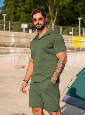 men's tshirt shorts男针织衫休闲沙滩短袖系和短裤套装带口袋man