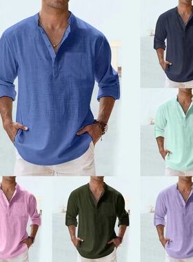 streetwear men shirts long sleeve henley cotton linen shirts