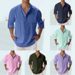 streetwear men shirts long sleeve henley cotton linen shirts