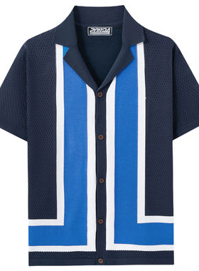 men's t-shirts男装欧美男士撞色针织衫时尚古巴领短袖镂空针织
