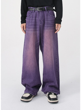 men baggy jeans man pantsnirn牛仔 复古彩色系阔腿裤直版宽松