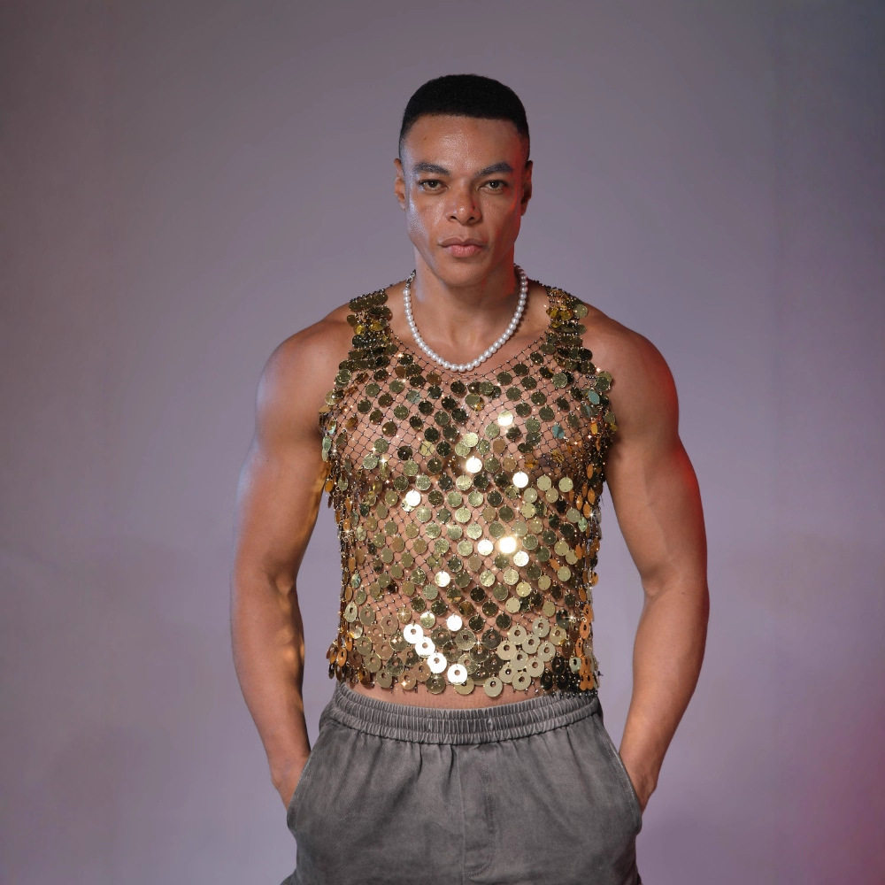 men tank top vest欧美闪钻性感男士镂空背心上衣水钻夜店派对