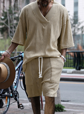 men's shirt shorts新欧美男士休闲短裤v领百搭提花针织衫套装man