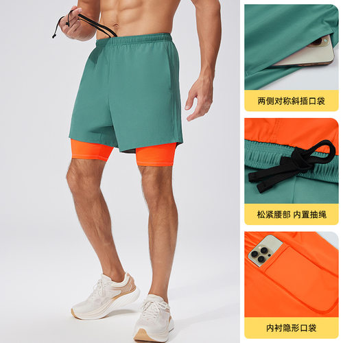 men compression shorts大码透气训练男士弹力内衬防走光假两件