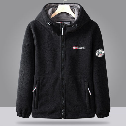 Men Jacket Outdoor Zip Coat出口挪威加绒加厚刺绣连帽户外