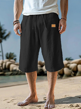men's shorts新款贴皮男士七分裤短裤短裤沙滩抽直筒裤纯色舒适透