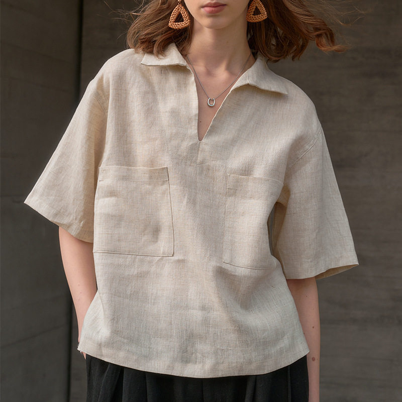 cotton linen shirt tops womens t shirts亚麻衬衫v领宽松欧美女