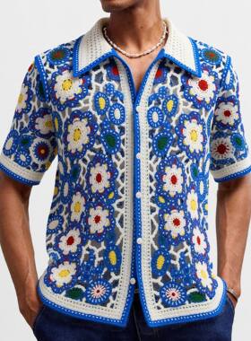 men shirts t-shirt男装 欧美民族风钩花针织衫 男士短袖polo衫