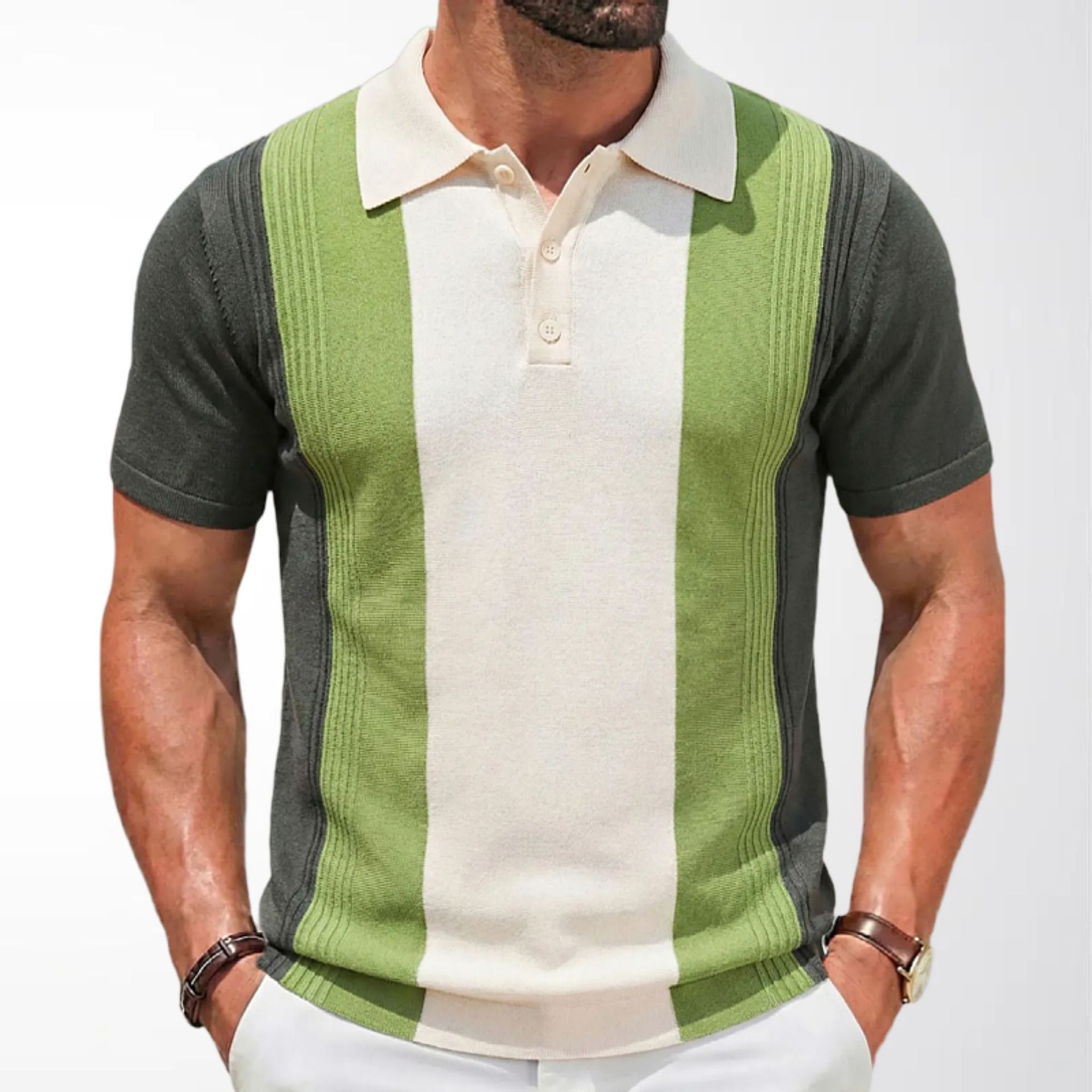men shirts t-shirt新款男装 绿色条纹针织衫翻领短袖polo衫t恤