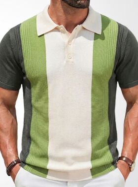 men shirts t-shirt新款男装 绿色条纹针织衫翻领短袖polo衫t恤