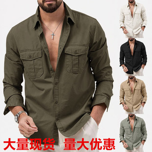 men for male2025独立站欧美男士 衬衫 man 双口袋休闲长袖 clothes