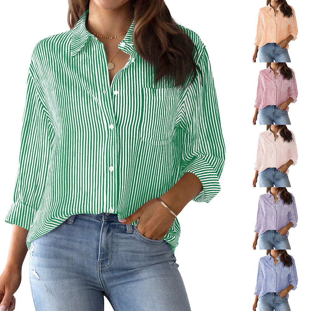 shirt tops streetwear casual shirts tee女式系扣衬衫条纹经典