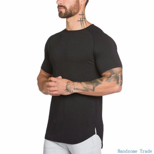 men gym tshirt man crossfit t-shirt纯色空白款健身男士长款透
