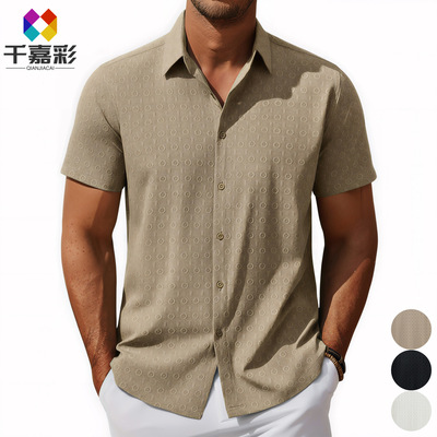 men's shirts男装 欧美风翻领短袖蕾丝衬衫纯色休闲男士衬衣a0409
