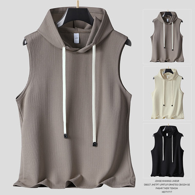men t-shirt tshirts华夫格连帽无袖背心男 宽松抽绳坎肩 t 恤