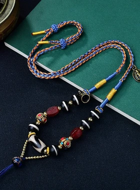 藏式民族风手工编织虎牙天珠唐卡藏风男女款吊坠绳挂绳项链
