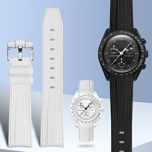 适配swatch欧米茄联名表带omega史努比行星白色橡胶编织纹理弧形