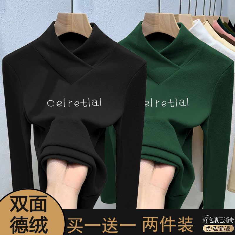 德绒长袖t恤女秋冬交叉V领打底衫