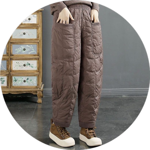 文艺格子菱格羽绒棉长裤防风保暖加厚宽松休闲裤女纯色2023秋冬季