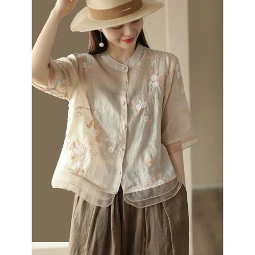 纯色复古文艺刺绣棉麻衬衫女夏季