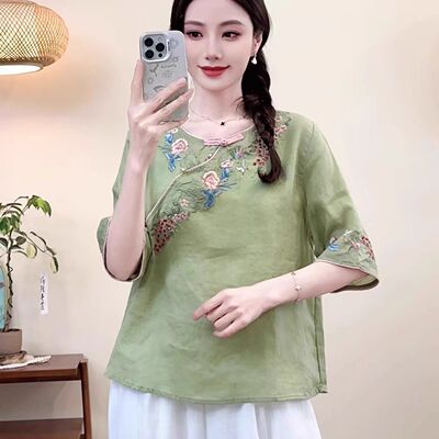 文艺绣花盘扣上衣女斜襟短袖衬衫