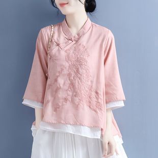 立领棉麻衬衫女春夏季绣花文艺复古盘扣斜襟七分袖茶服打底衫上衣