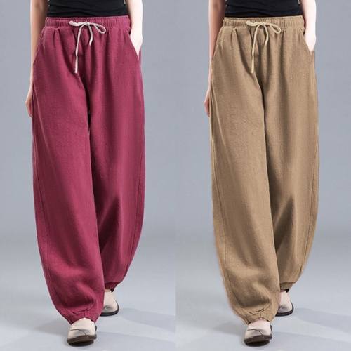 夏季棉麻裤女夏季灯笼宽松哈伦裤